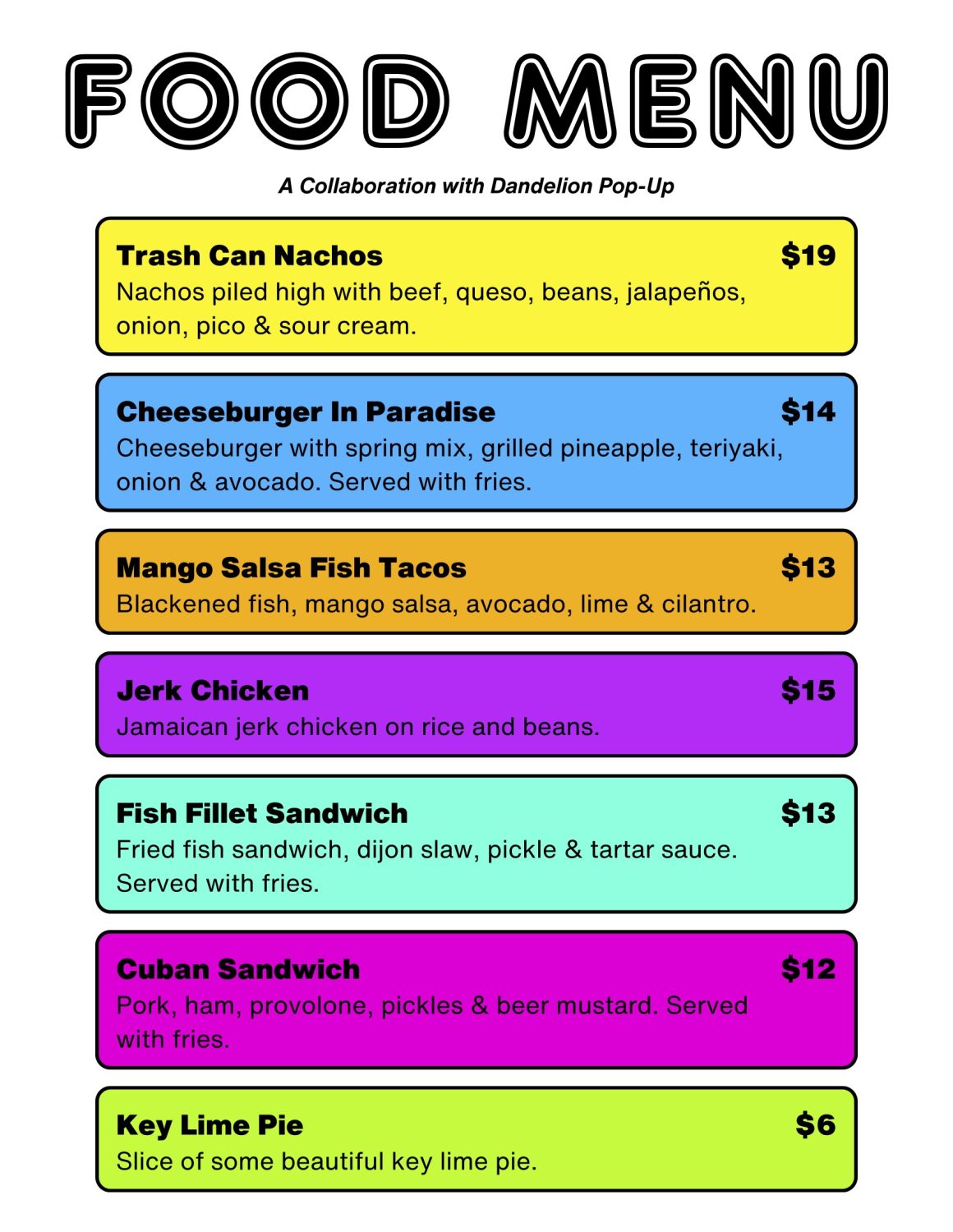 Food menu for south beach pop up bar